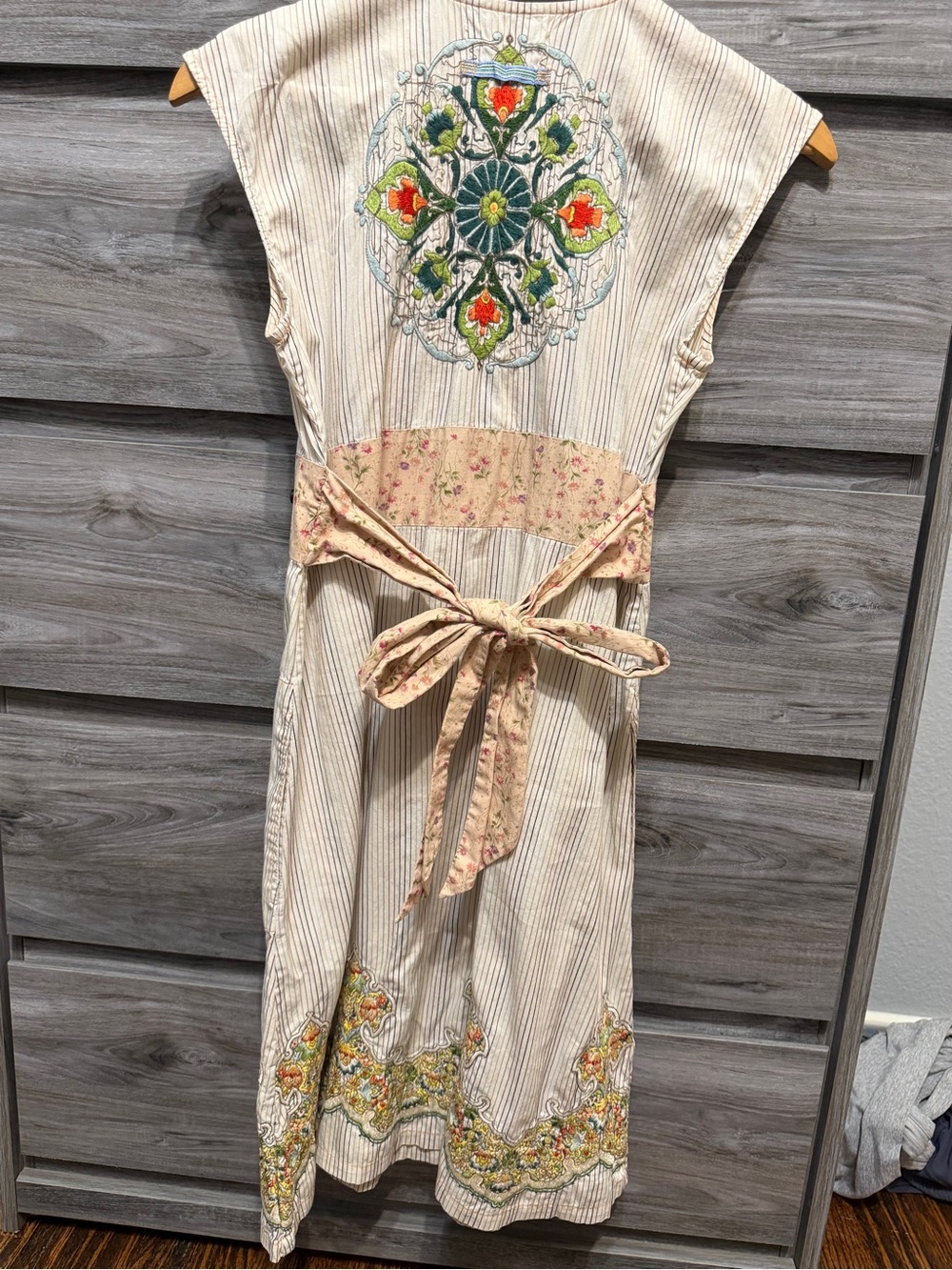 Johnny Was Cream Striped Midi Dress with Floral Embroidery